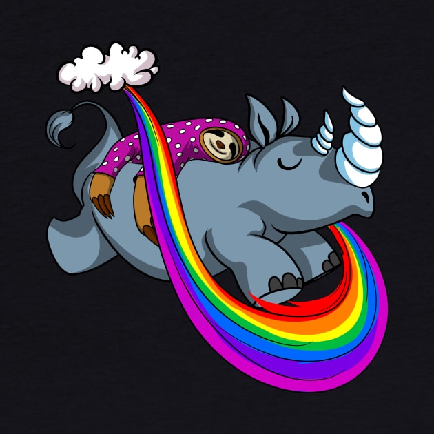 Sleeping Sloth Riding Rhino Fantasy Rainbow Cartoon by underheaven